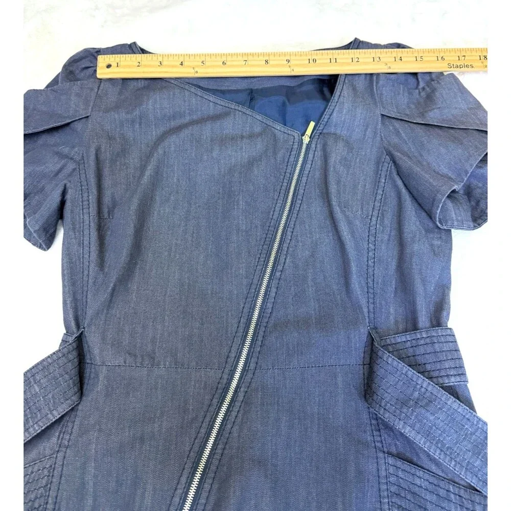 Karen Millen Navy Cotton Belted Asymmetric Zip Pockets Denim Dress Sz 6